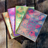 Image shows four copies of zine-in-a-day, brightly coloured blue and pink print on brown, green, pink and yellow card covers.